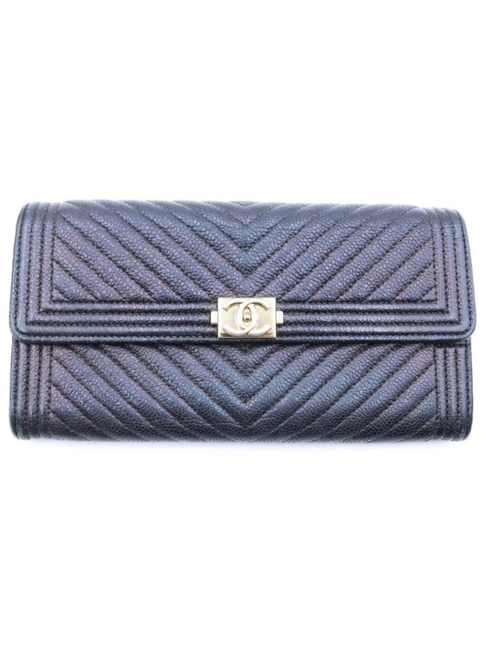 Chanel Boy Wallet Card Case Black Caviar Leather Gold